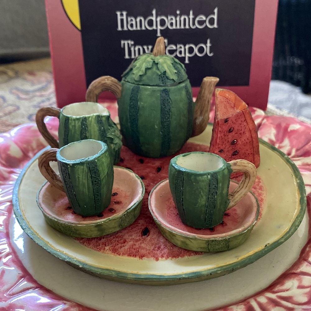 Vintage Boxed 10 Piece Hanpainted Tiny Watermelon Teapot Set.
